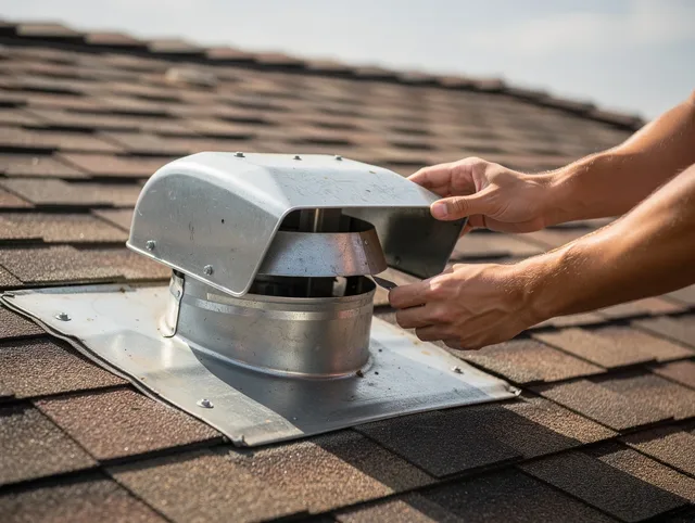 Parma Heights Dryer Vent Cleaning certified technician safely cleaning a roof-mounted dryer vent in Parma Heights