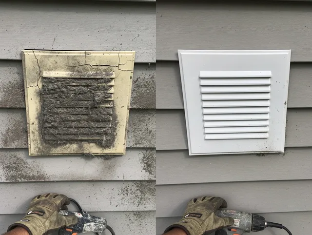 Parma Heights Dryer Vent Cleaning technician installing high-quality dryer vent cover at a residential property in Parma Heights