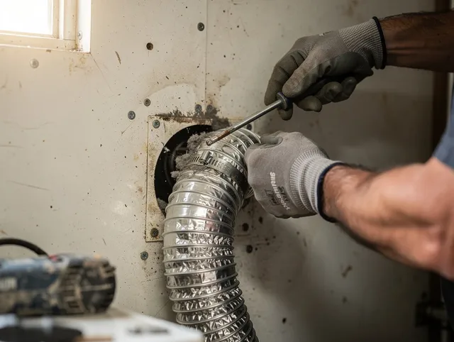 Parma Heights Dryer Vent Cleaning technician performing precise dryer vent hose installation in Parma Heights